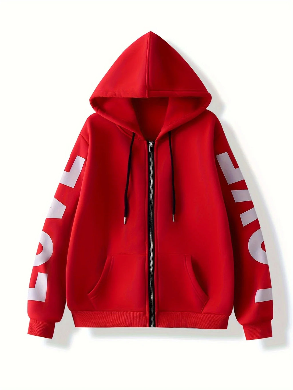 Bright red zip-up hoodie featuring white "LOVE" lettering on both sleeves, a drawstring hood, and two side pockets.