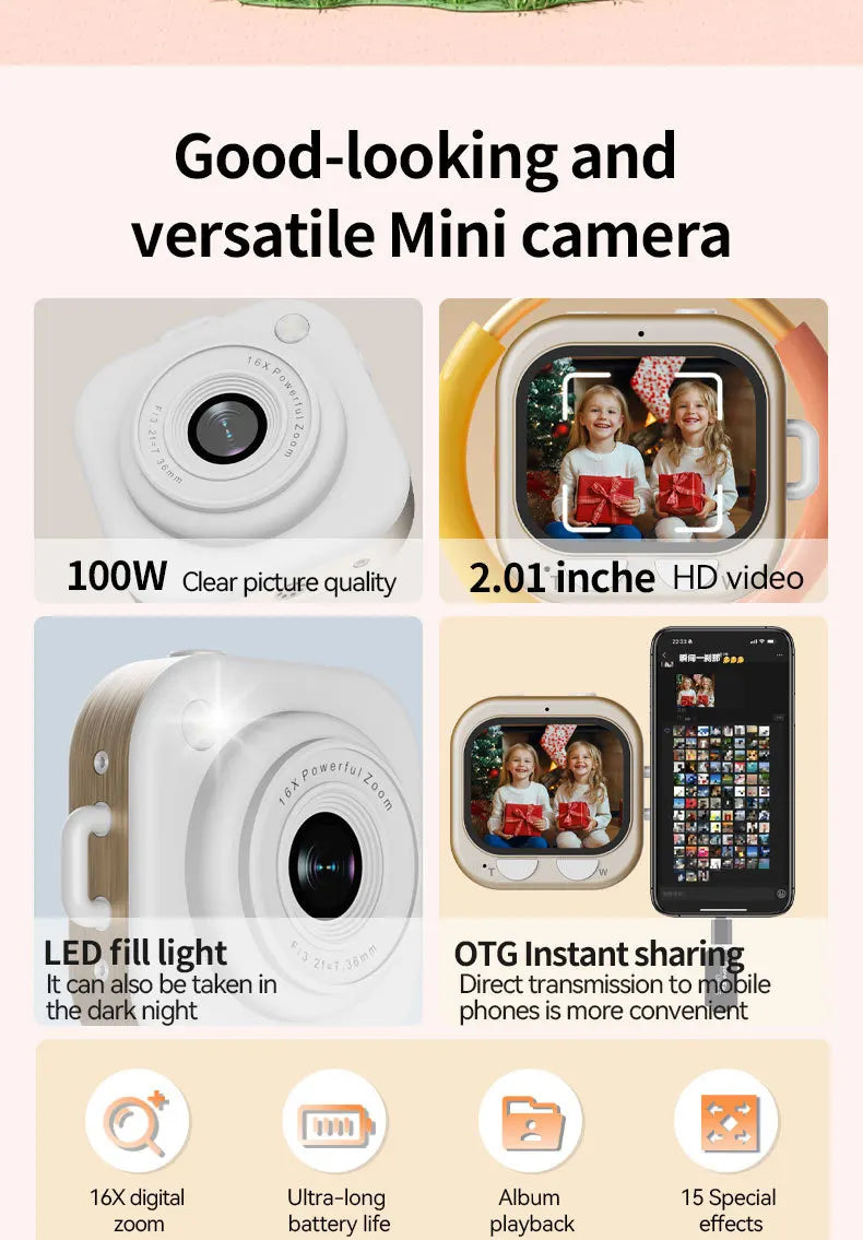 White mini digital camera with wood-grain side panels, 2-inch screen, LED fill light, 16x zoom, and OTG phone sharing.