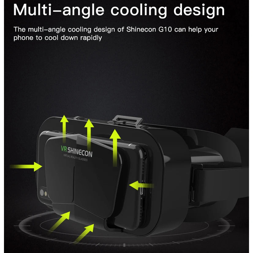 Black Shinecon VR headset with open smartphone compartment showing cooling design and green indicator arrows.