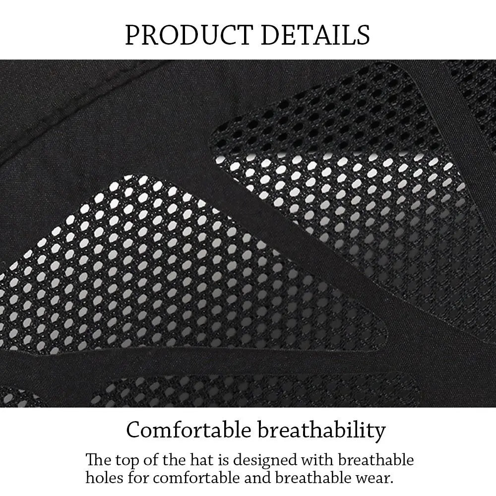 Close-up of a black newsboy flat cap featuring a durable mesh fabric design for breathable, comfortable wear.