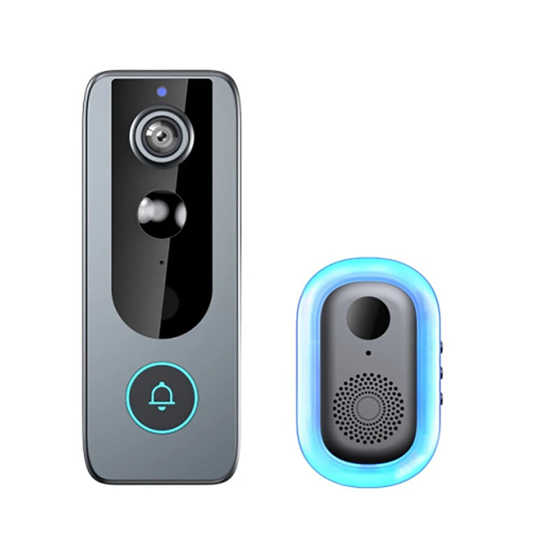 Grey smart video doorbell and indoor chime with blue LED accent, camera lens, and illuminated call button.