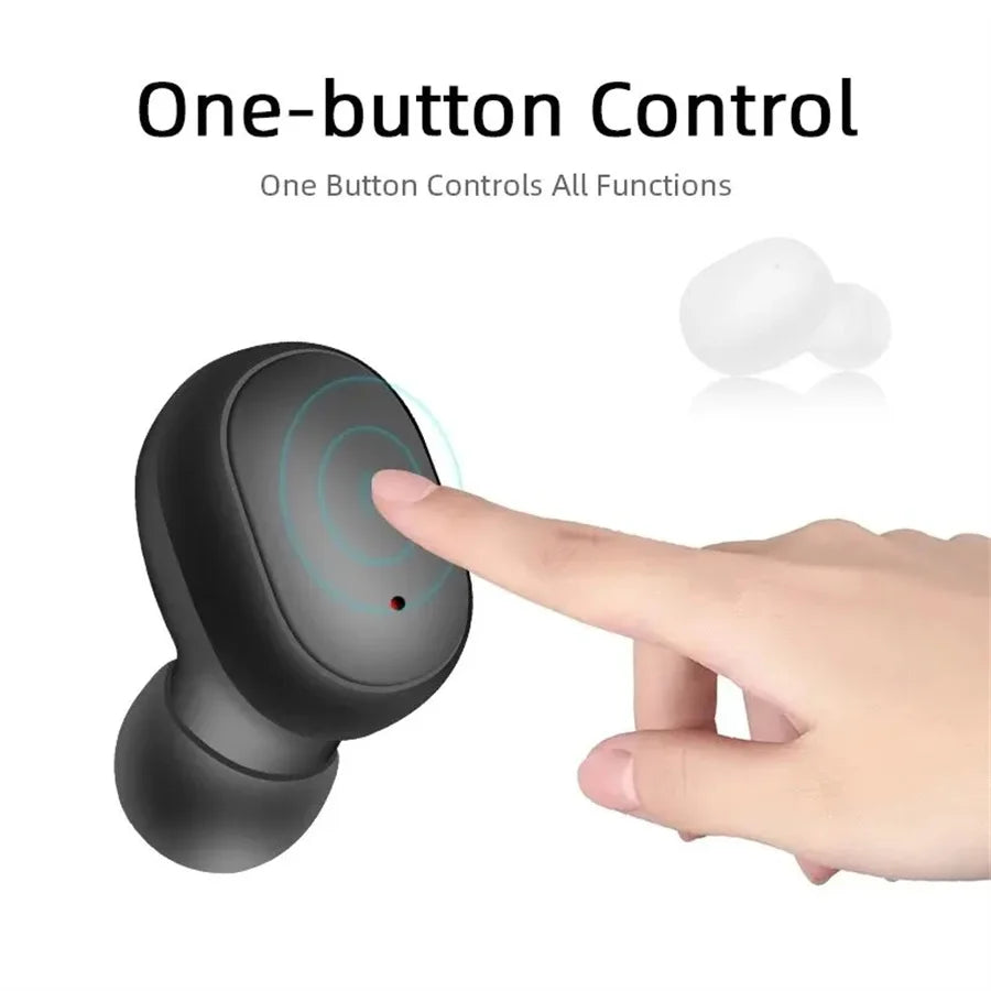 A finger touching the button of a sleek, black, minimalist wireless earbud. White background.