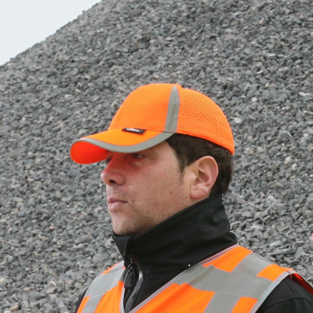 Bright orange high-visibility baseball cap with breathable mesh side panels and reflective trim.