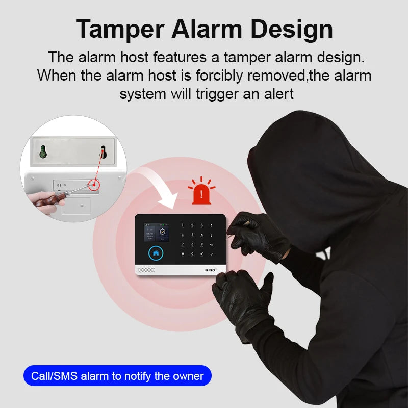 Sleek black and white smart alarm control panel with touchscreen, showing tamper protection features.