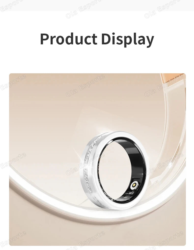 Sleek silver smart fitness ring featuring a central row of crystals and a black inner sensor band.
