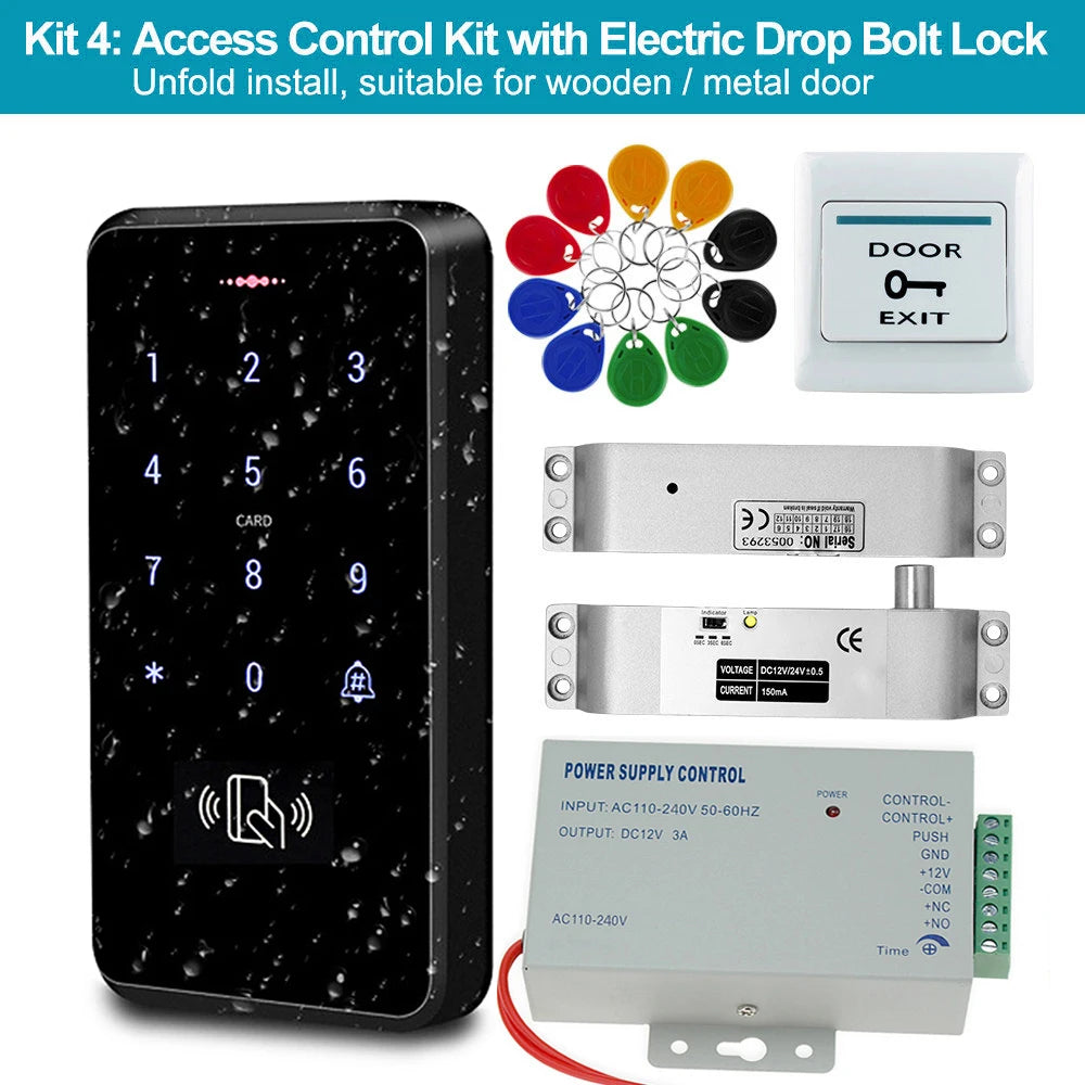 Access control kit with black digital keypad, metal electric drop bolt lock, white exit button, and multicolored keys.