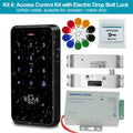 Access control kit with black digital keypad, metal electric drop bolt lock, white exit button, and multicolored keys.
