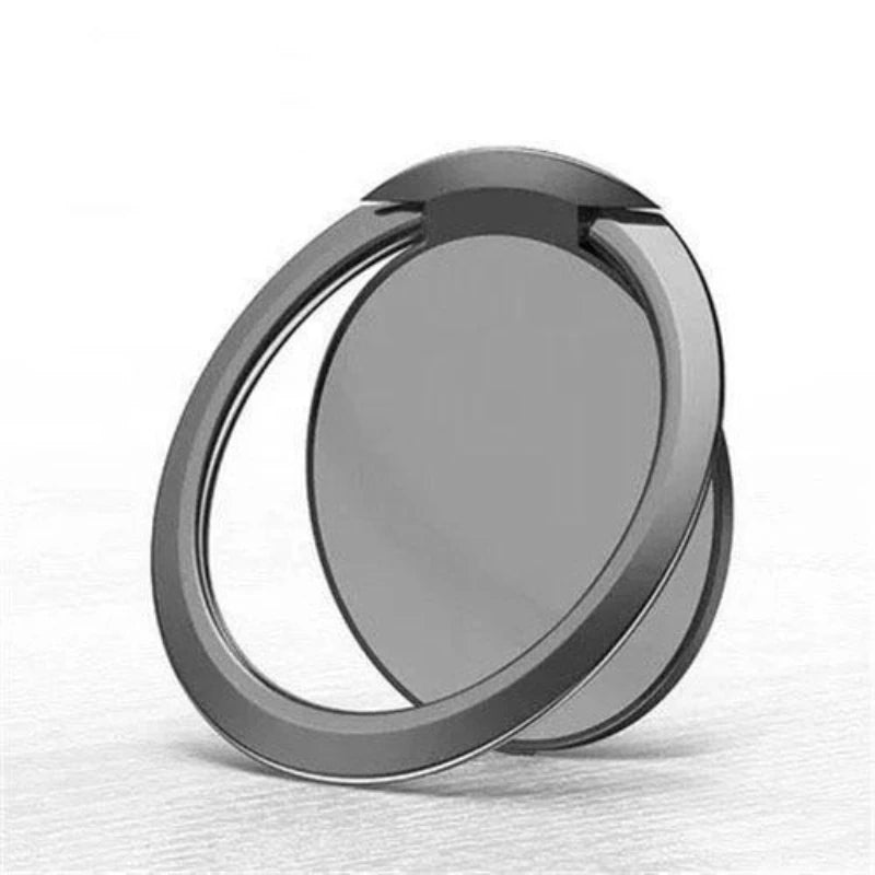 A sleek, dark grey circular phone ring holder with a rotatable stand, isolated on a white background.