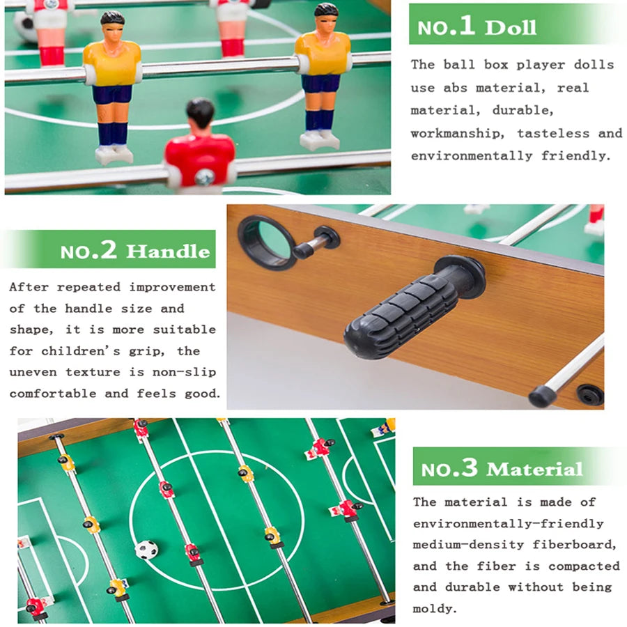 Tabletop foosball game with durable wood-effect finish, non-slip textured handles, and colourful player figures.