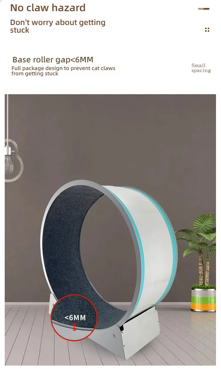 White and grey interactive pet fitness wheel with a textured interior and a safe base gap for claw protection.