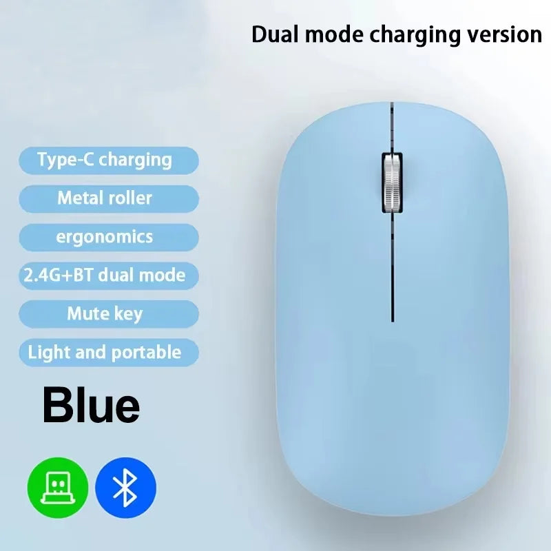 Light blue, slim, ergonomic wireless mouse with a metal scroll wheel. Features silent buttons and dual-mode charging.