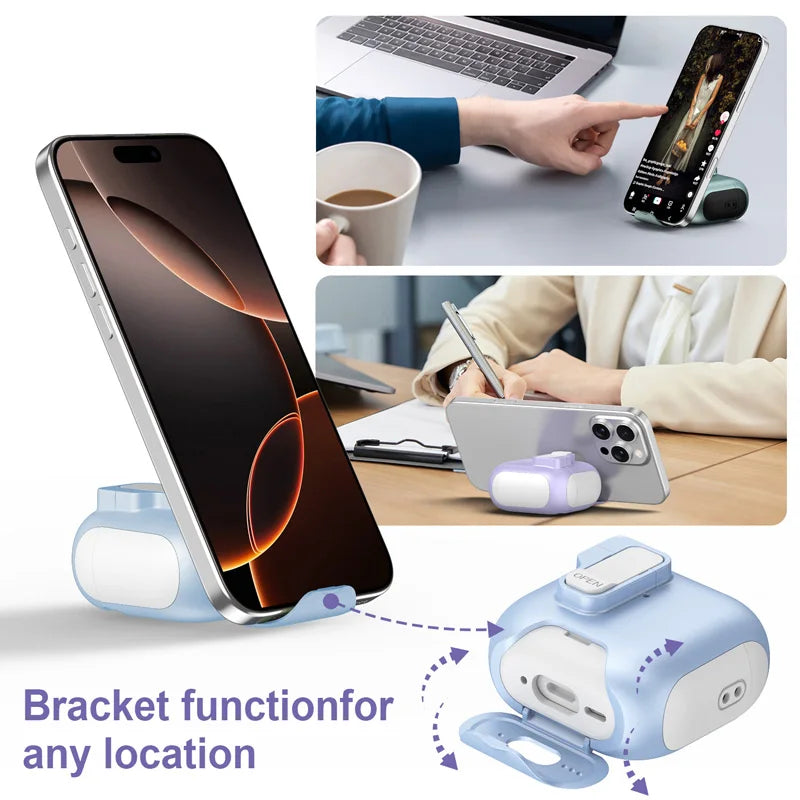 Blue silicone AirPods Pro 2 case with built-in phone stand bracket, shown in various desk use scenarios.