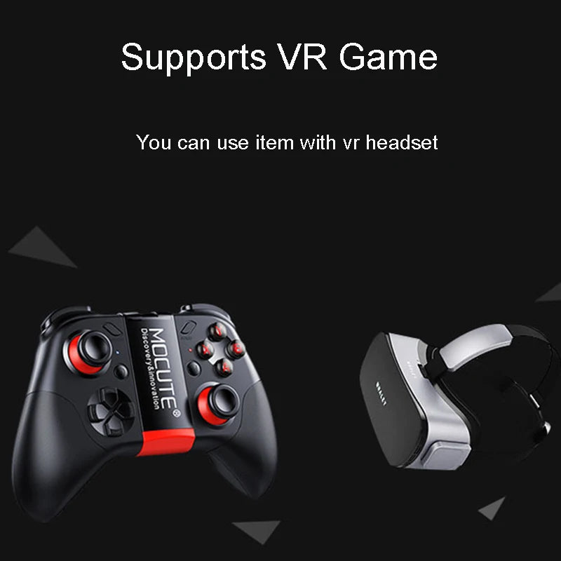 Black wireless game controller with red accents and a silver and black VR headset on a dark background.
