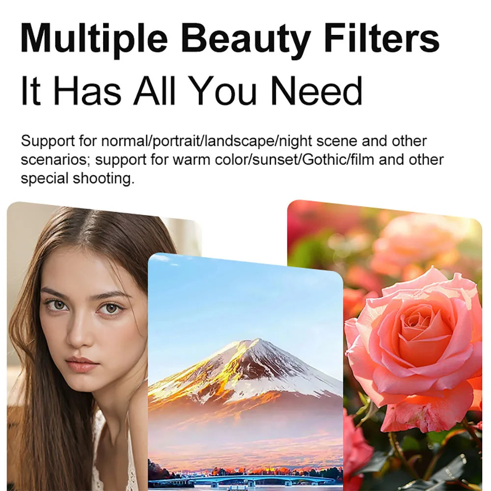 Collage showing three photos: a woman's portrait, Mount Fuji, and a pink rose, illustrating camera beauty filters.