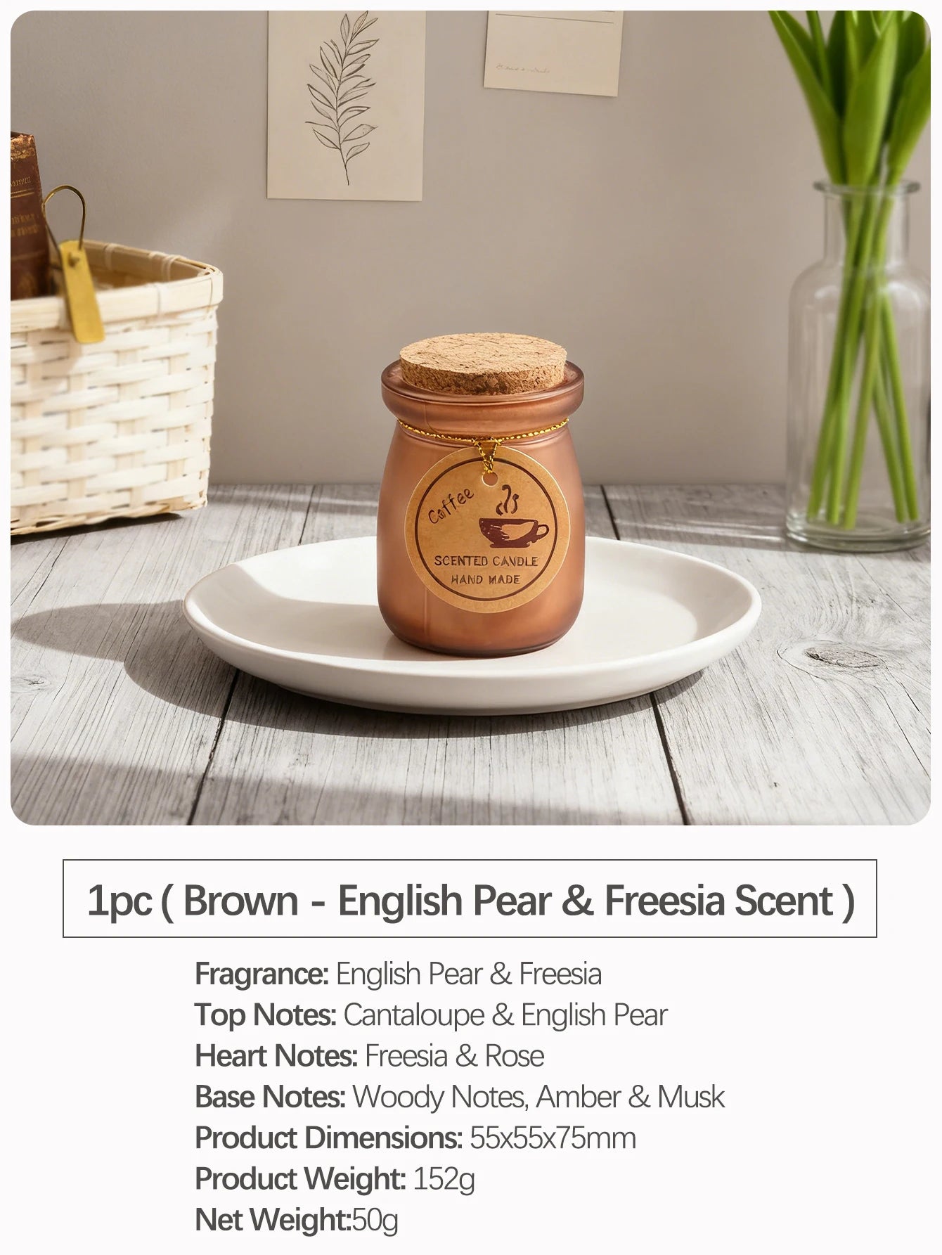 Brown glass scented candle in a jar with a cork lid and coffee-themed label, displayed on a white plate.