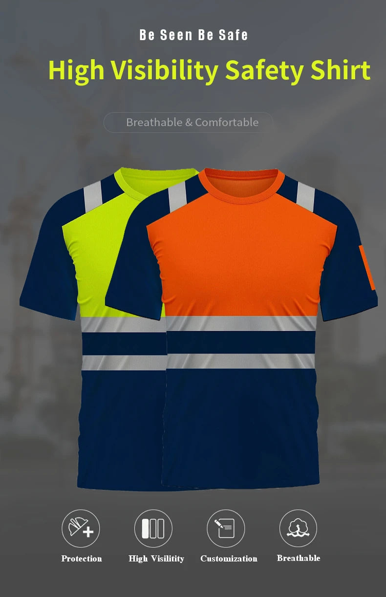 Two short-sleeved high-visibility work shirts in orange and yellow, featuring reflective tape and dark navy panels.