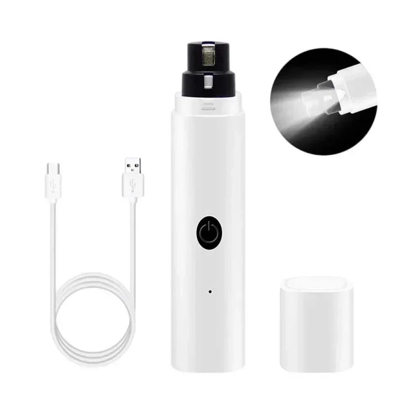 White electric pet nail grinder with power button, protective cap, USB charging cable and built-in LED light.