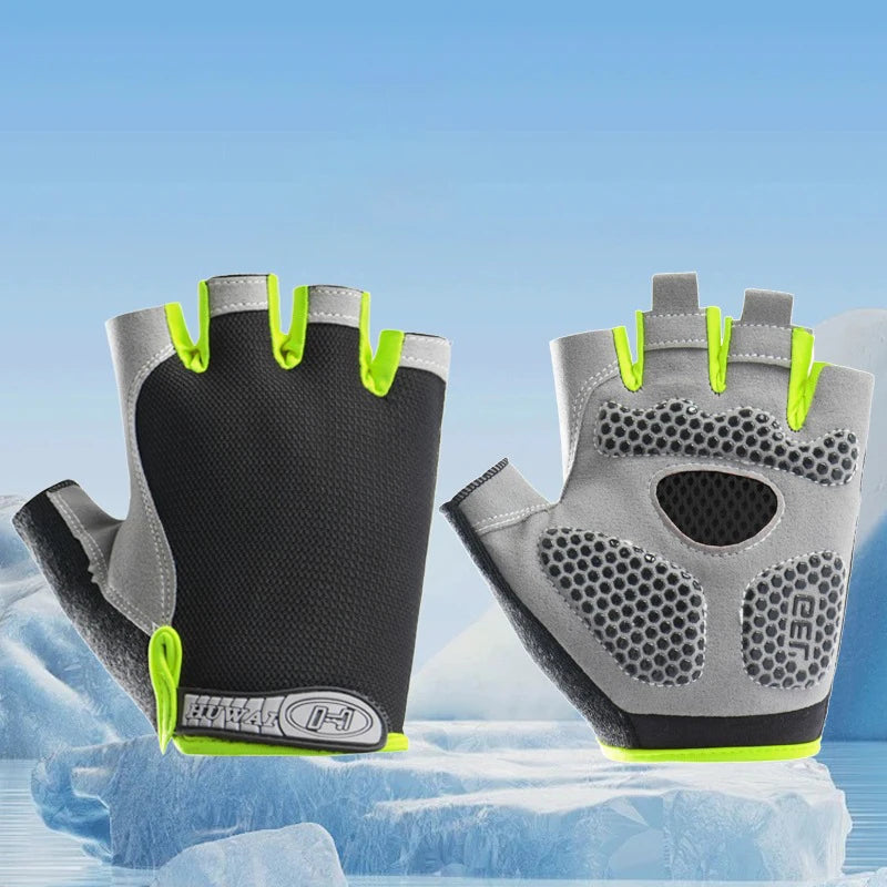 Black and grey fingerless cycling gloves with neon green accents and palm grip detailing.