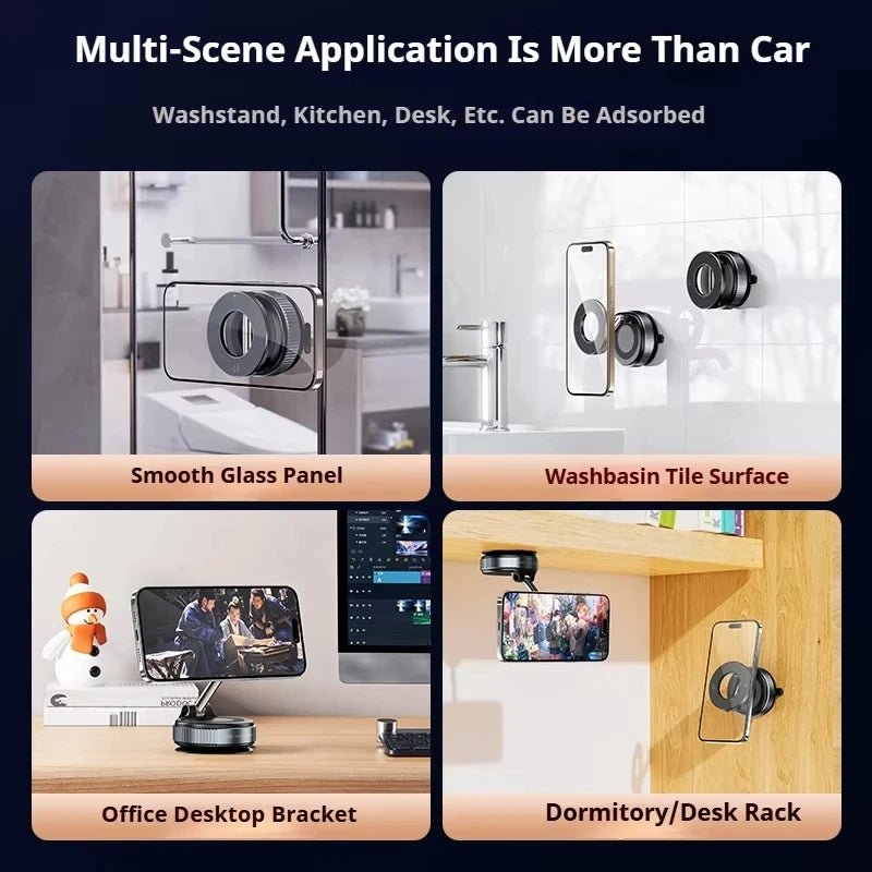 Magnetic phone mount in black, shown attached to various surfaces like glass, tile, and wood for flexible viewing.