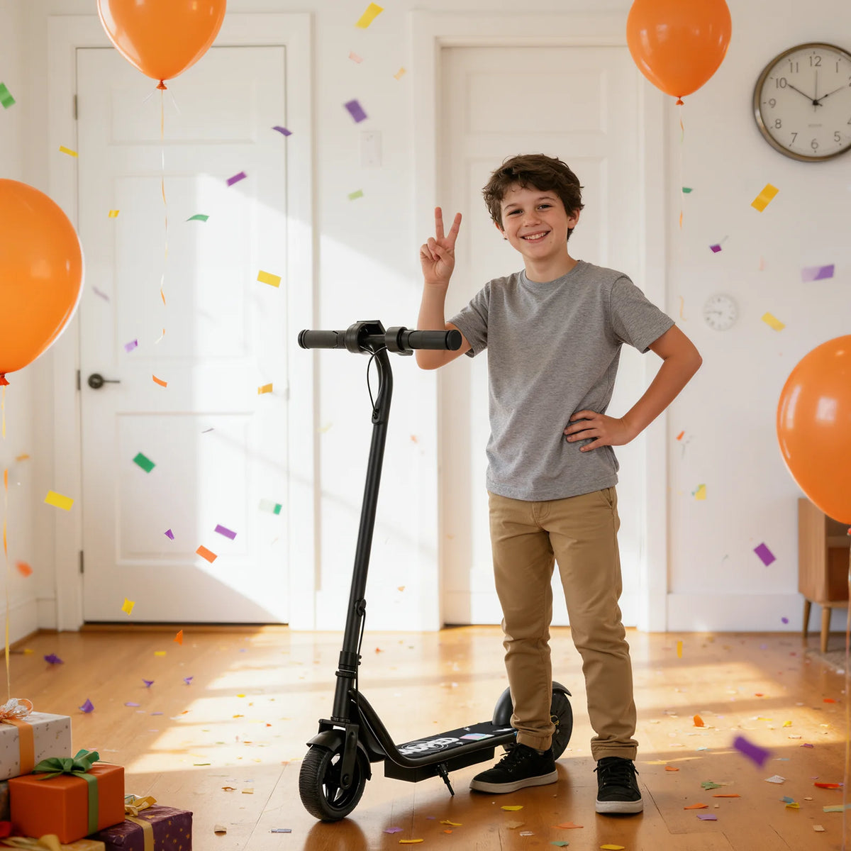 Black electric scooter with 8.5-inch tires, held by a boy flashing a peace sign among balloons.