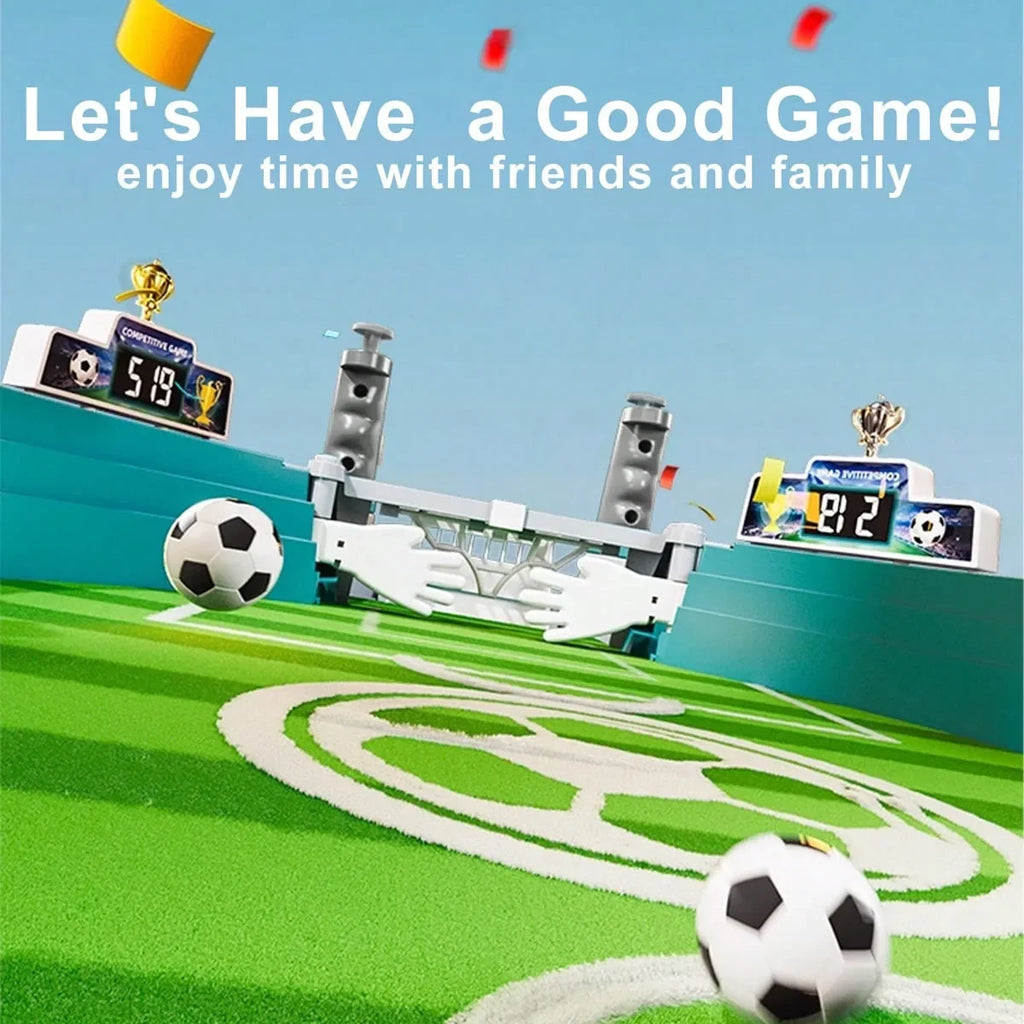 Tabletop football game with green pitch, two goals, digital scoreboards, and two black and white mini soccer balls.