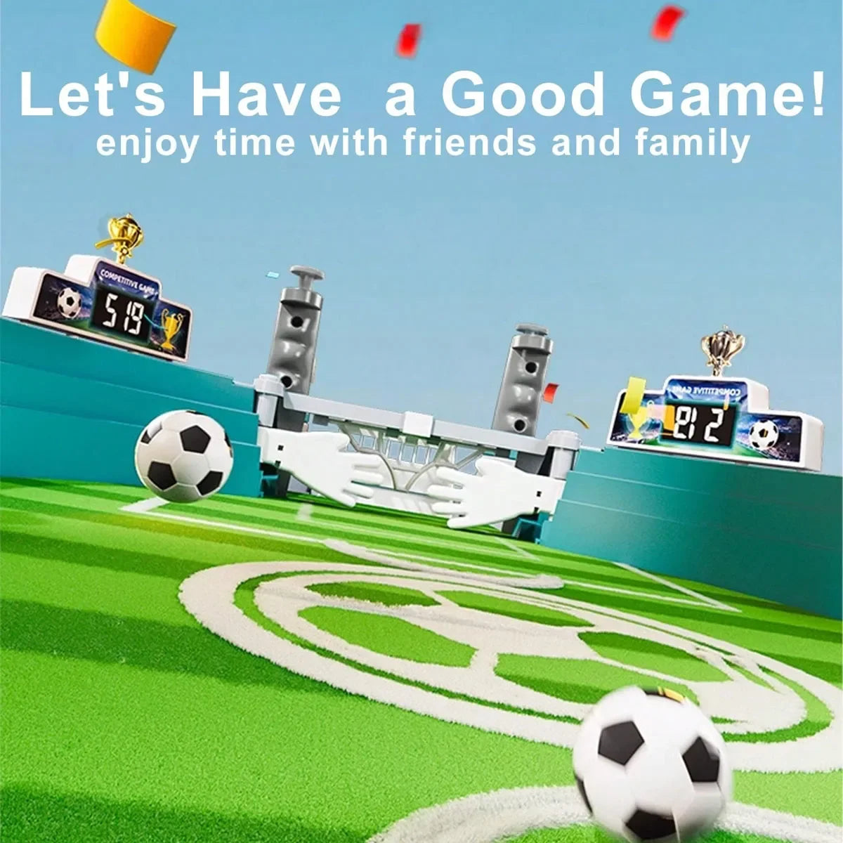 Tabletop football game with green pitch, two goals, digital scoreboards, and two black and white mini soccer balls.