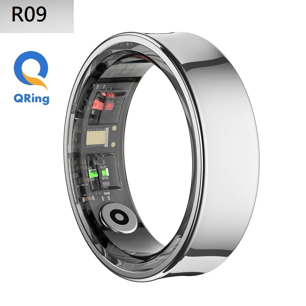 Sleek silver smart health tracking ring with visible internal biometric sensors on a white background.