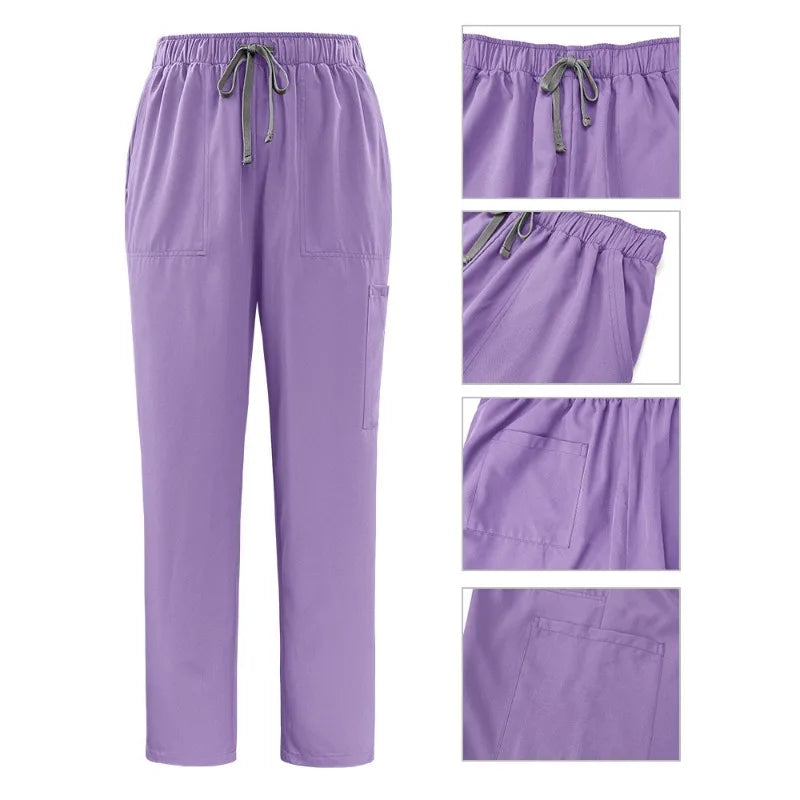 Lavender women’s scrub trousers with an elasticated drawstring waist, side pockets and detail close-ups.