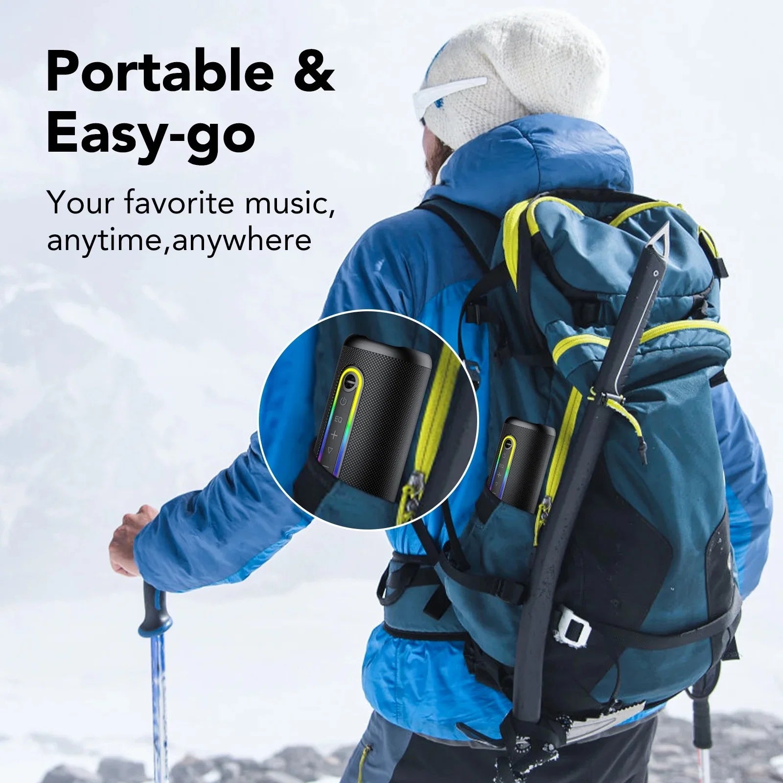 Black portable Bluetooth speaker with vibrant LED light strip, attached to a hiker’s backpack in a snowy mountain scene.