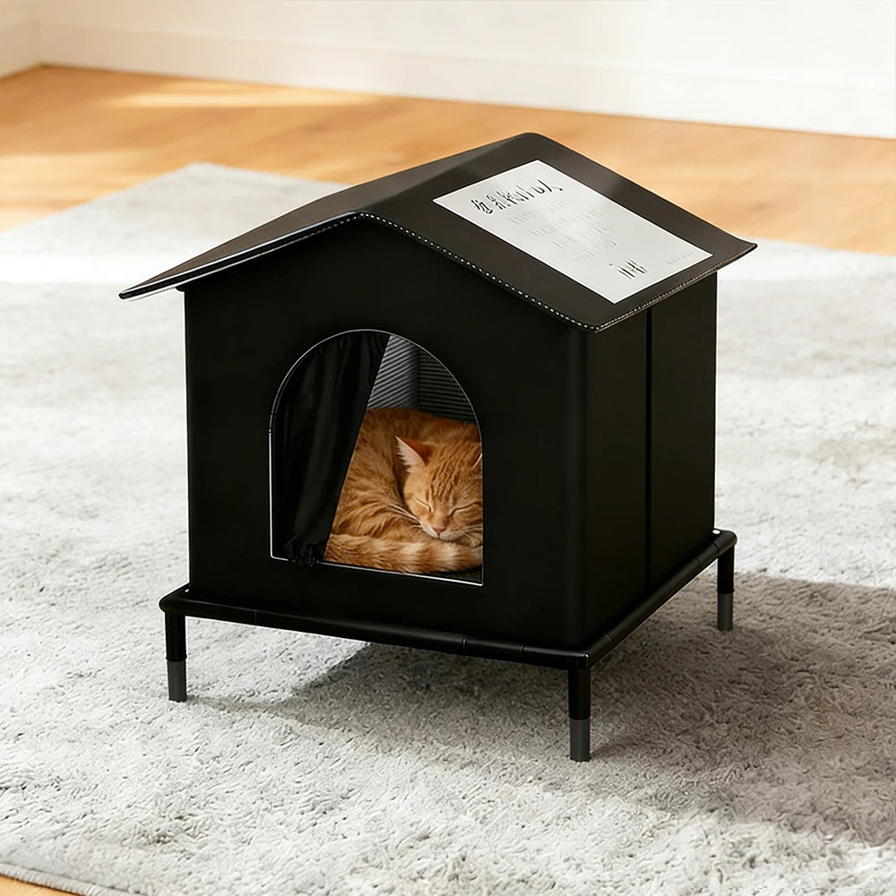 Black, insulated outdoor cat house on raised legs with a cosy, arched entrance and a sleeping ginger cat inside.