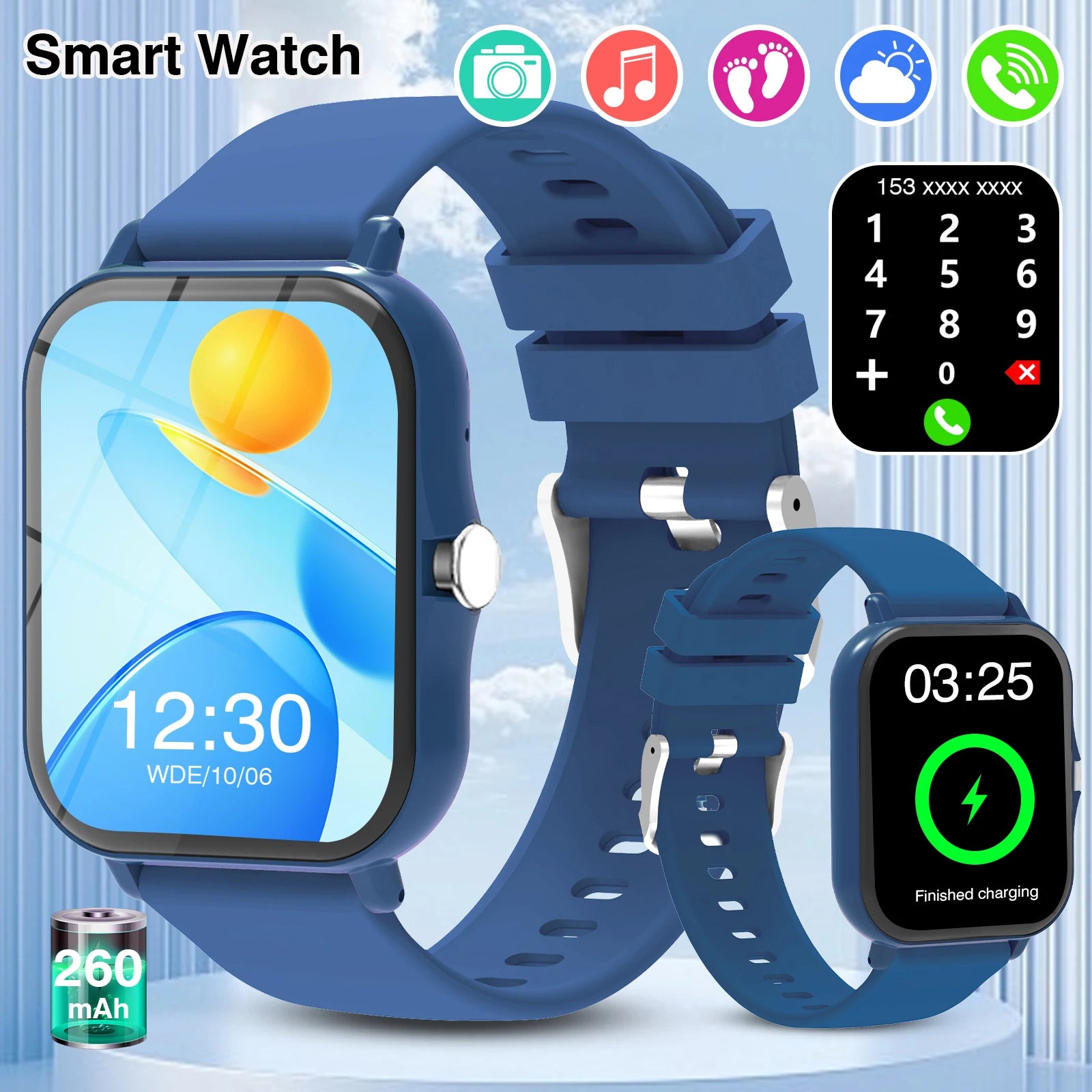 Blue smart watch with a square touchscreen, silicone strap, wireless calling pad, and activity tracking features.