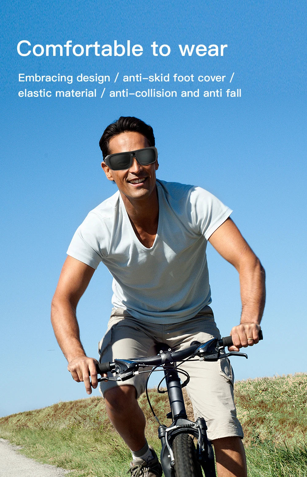 Man wearing matte black, impact-resistant, elastic material sunglasses with non-slip tips while riding a bicycle.
