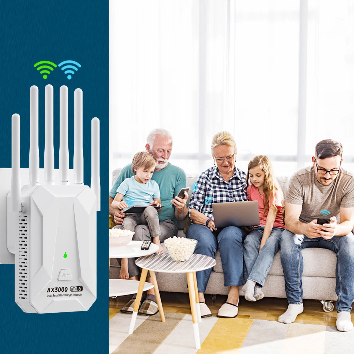 White WiFi 6 dual-band range extender with four external antennas, shown next to a family using devices at home.