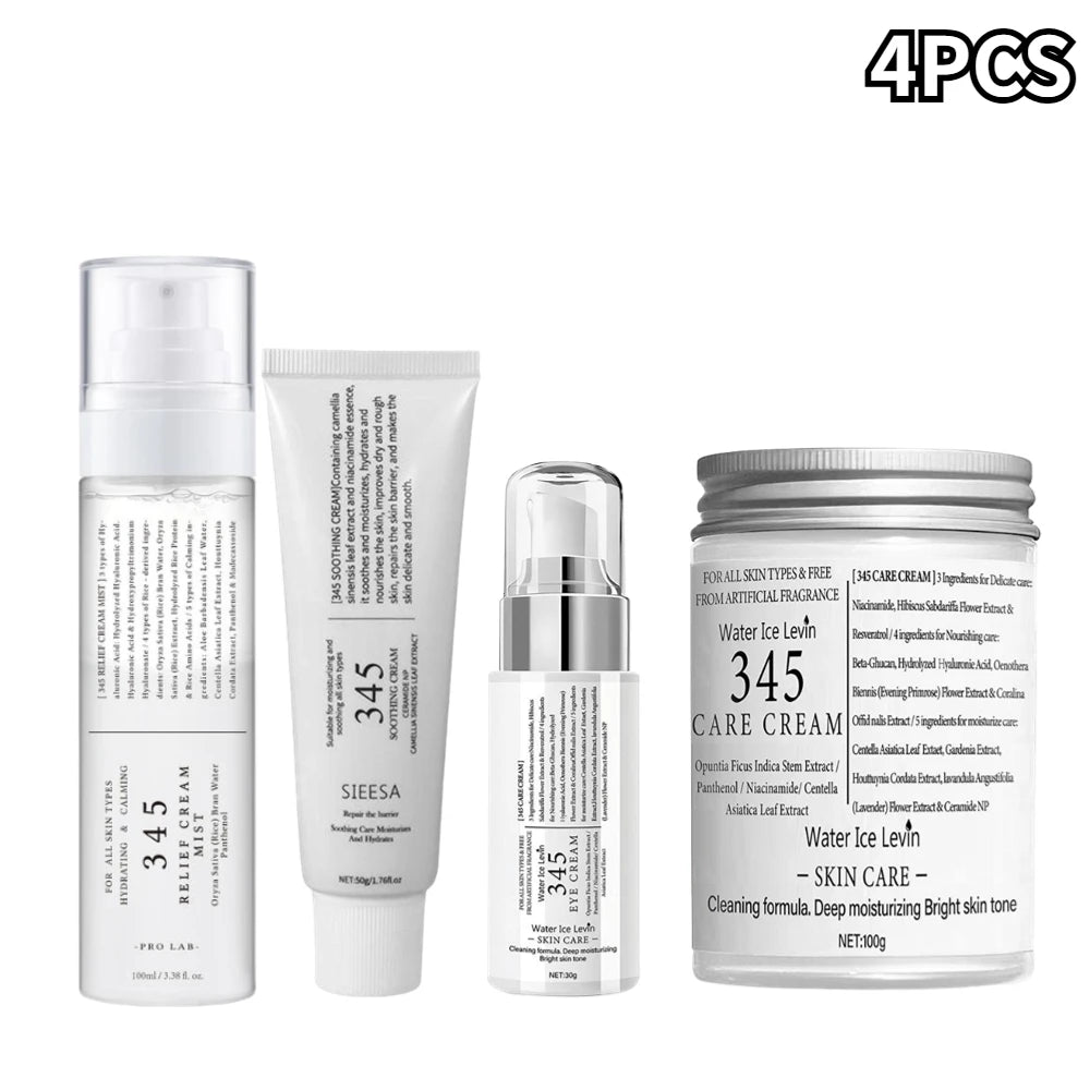 Four-piece skincare set including mist, soothing cream, eye cream, and face cream in minimalist white packaging.