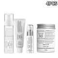 Four-piece skincare set including mist, soothing cream, eye cream, and face cream in minimalist white packaging.