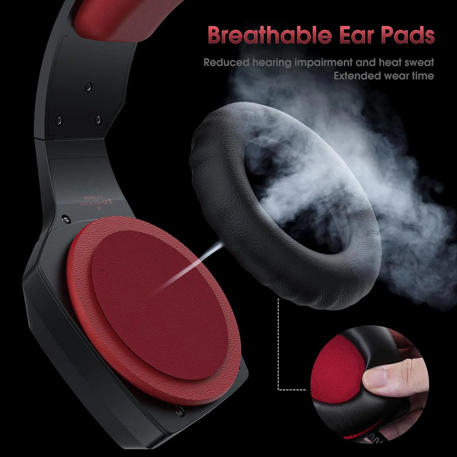 Black wired gaming headset featuring soft, breathable red and black ear cushions for comfort during long gaming sessions.