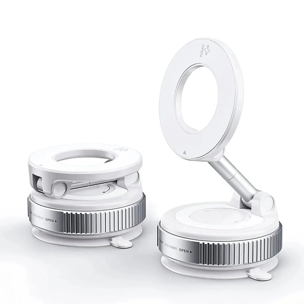 White, foldable circular LED ring light with a metallic textured base and suction cup mount. Shown folded and open.