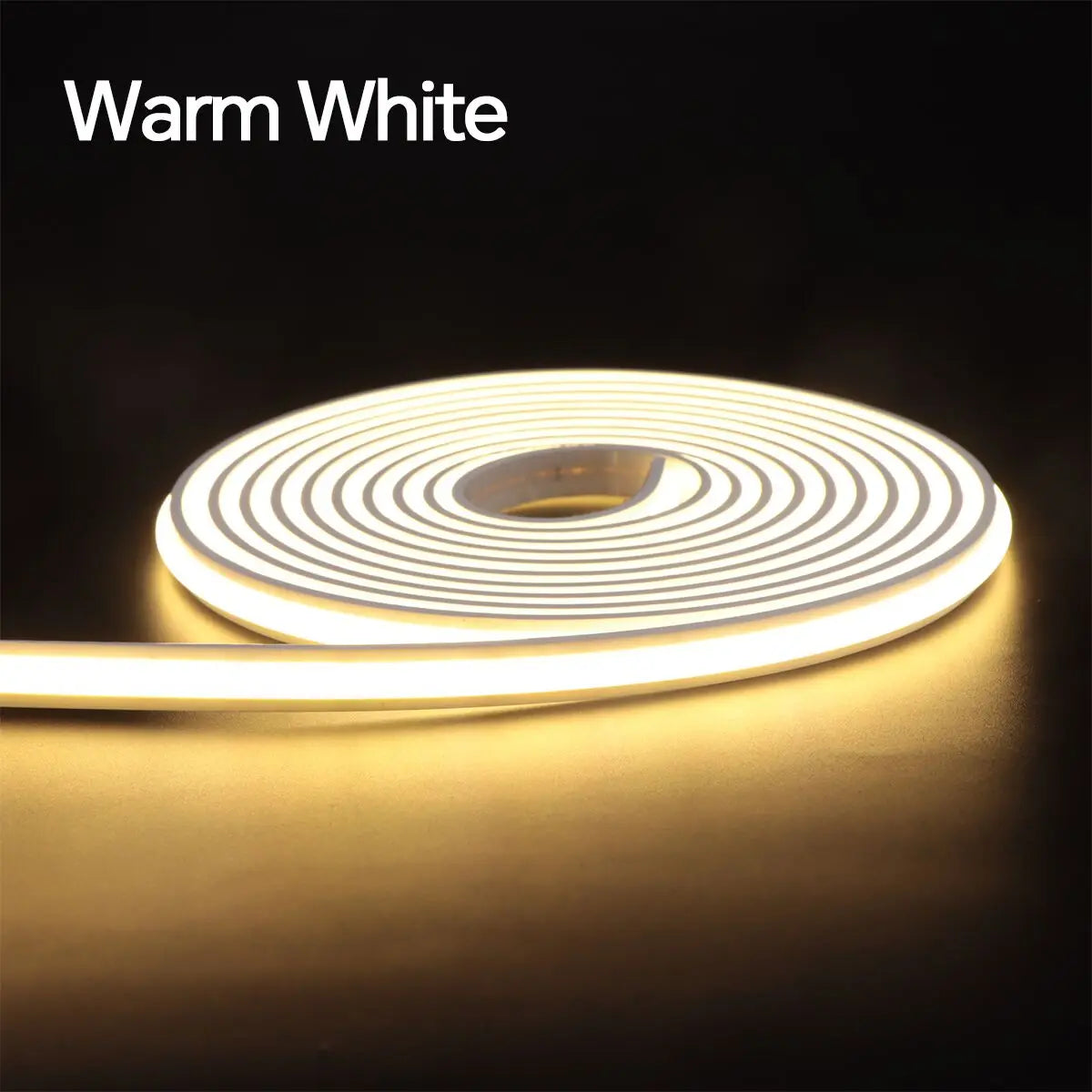 A coiled smart LED neon strip light glowing with a warm white light against a dark background.