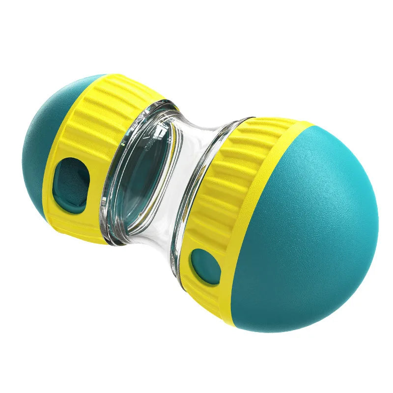 Teal and yellow interactive pet slow feeder toy with a clear, hourglass-shaped centre and treat-dispensing holes.