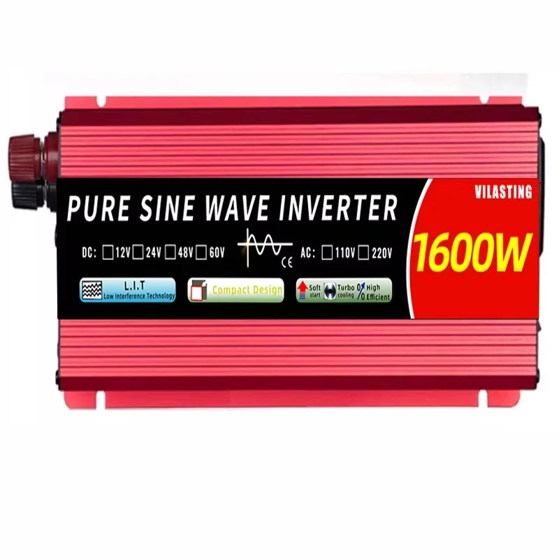 Red 1600W pure sine wave power inverter with compact ribbed metal casing and prominent black labelling.