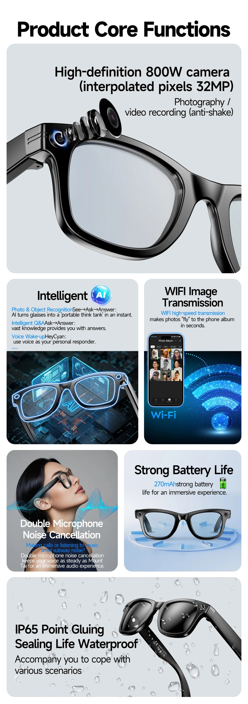 Black smart glasses with built-in HD camera, video recording, noise-cancelling mics, and water-resistant design.