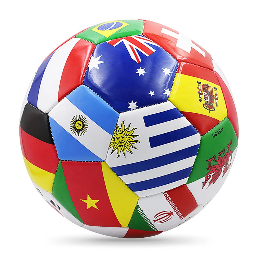 Multi-coloured football featuring a patchwork design of various international national flags on a white background.