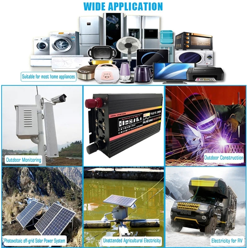 Black 12000W pure sine wave power inverter with DC 12V to 220V, showing domestic and outdoor industrial applications.