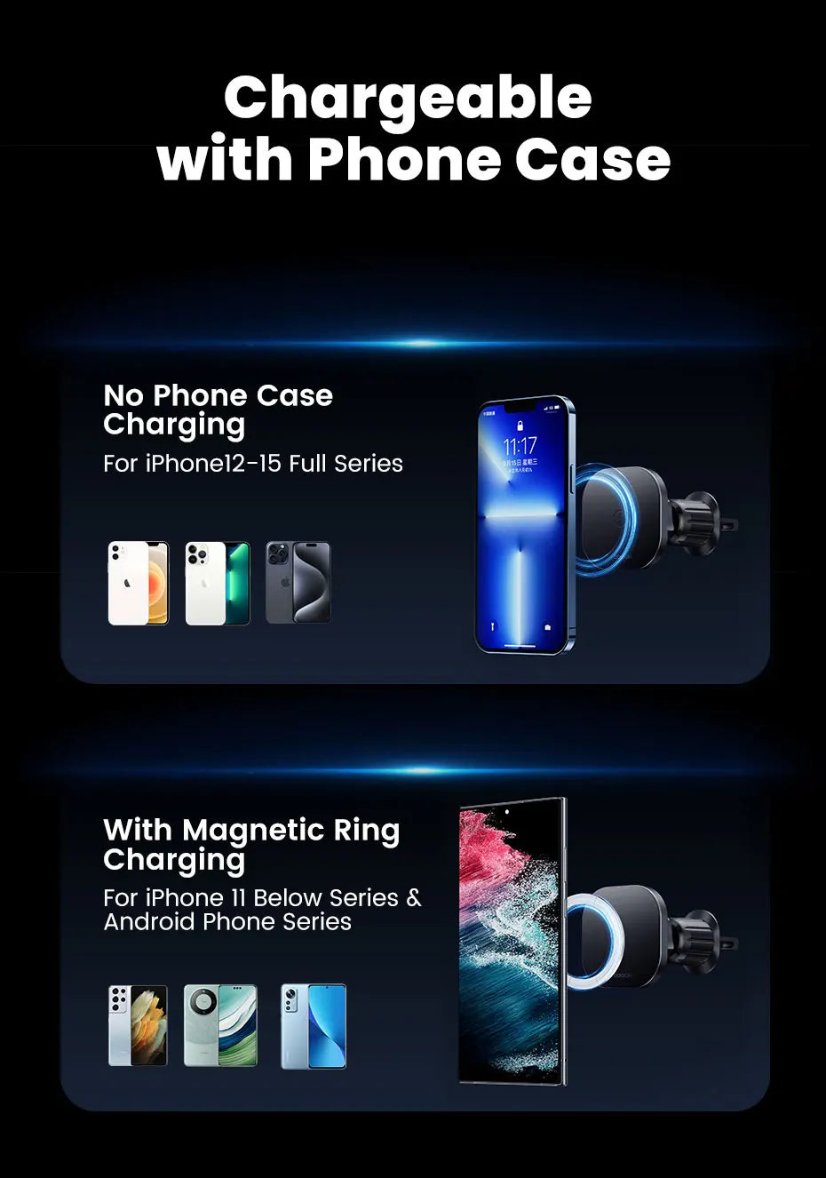 Black magnetic car phone charger displaying compatibility with various smartphone models and phone cases.