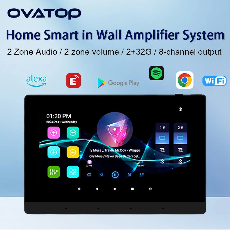 7-inch black in-wall Android smart amplifier with a vibrant touchscreen music player interface and multi-zone controls.