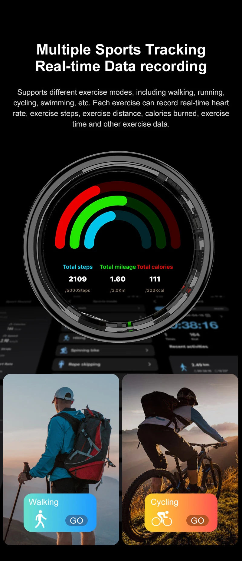 Black smart health ring displaying fitness data like steps and calories, with app icons for walking and cycling.