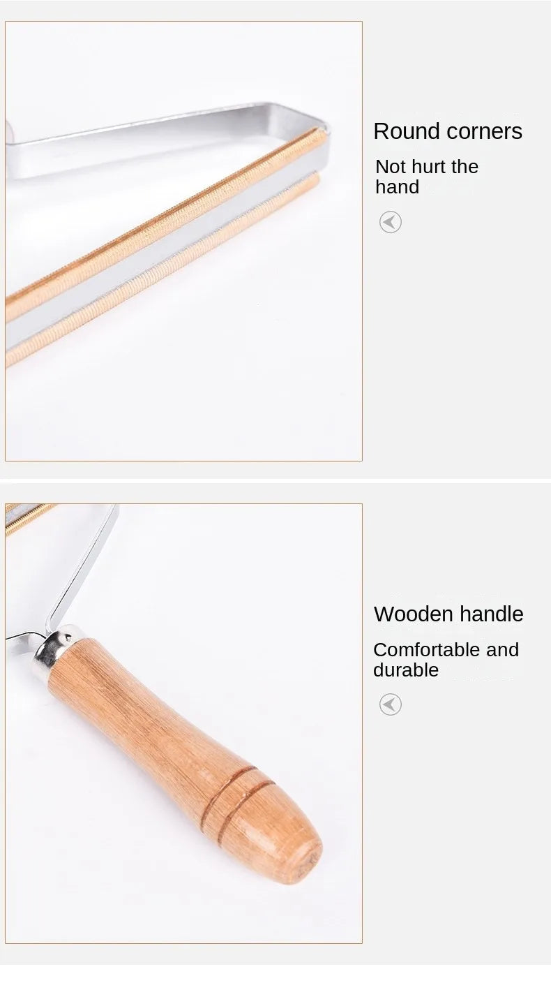 Lint remover with a wooden handle and rounded metal head, designed for garment fabric care.