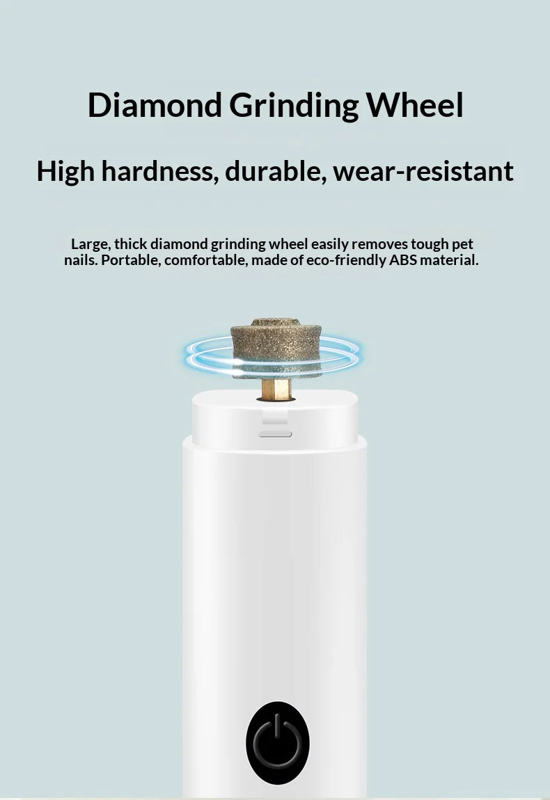 White electric pet nail grinder with a durable, rotating diamond grinding wheel and a simple power button.