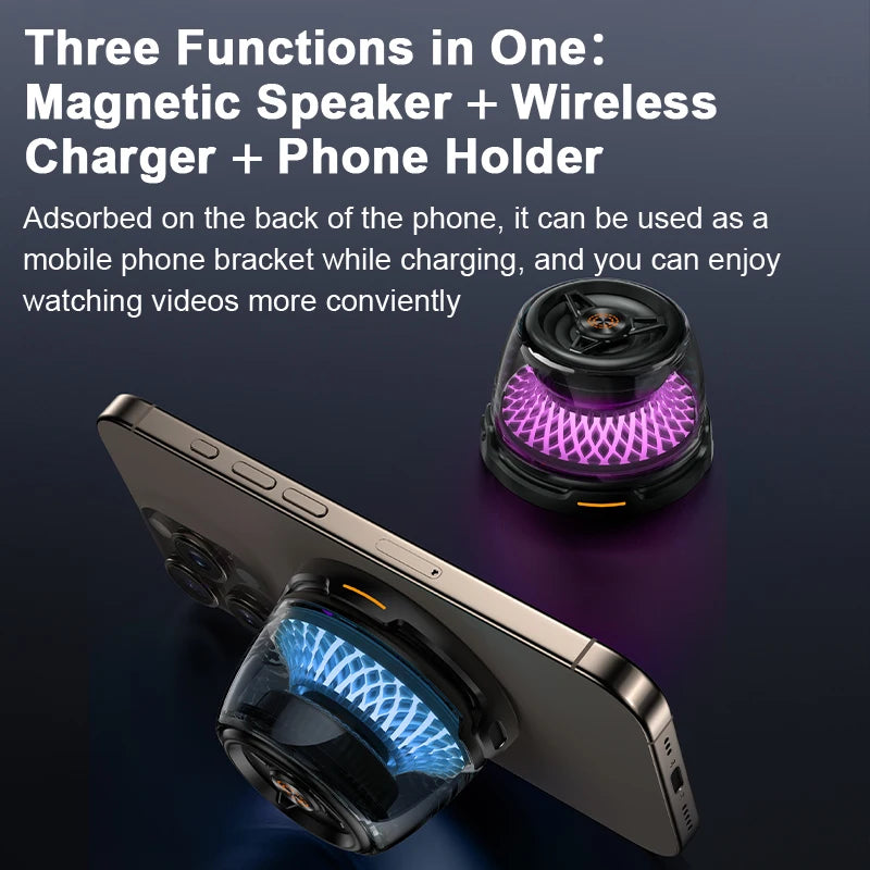 A portable, circular magnetic Bluetooth speaker with vibrant LED lights, shown attached to a phone as a stand.