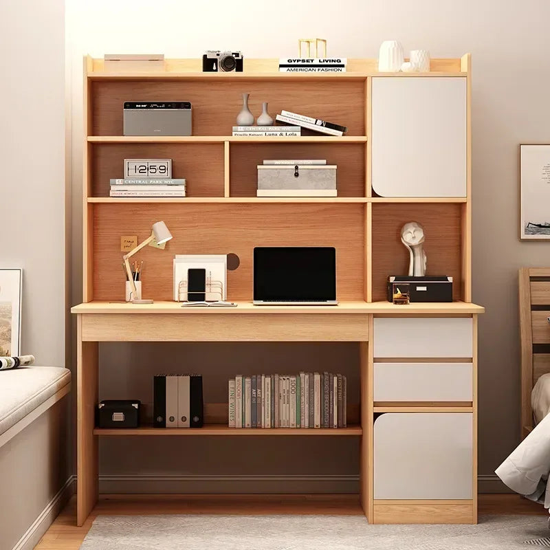 Light wood desk with hutch, featuring upper shelves, two white cabinet doors, three drawers, and a lower shelf.